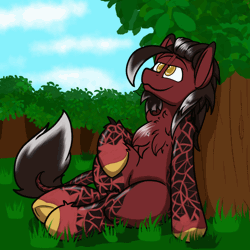Size: 1000x1000 | Tagged: safe, artist:aryn, derpibooru import, oc, oc:guts, dracony, dragon, hybrid, pony, animated, blinking, chest fluff, gif, image, leaf, leonine tail, looking up, sitting, sky, solo, tail, tree, two toned mane