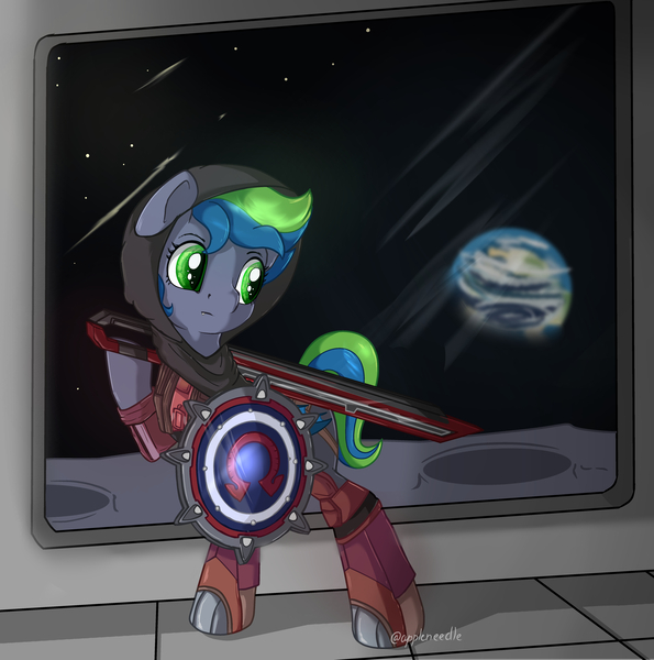 Size: 5000x5040 | Tagged: safe, artist:appleneedle, derpibooru import, oc, bat pony, pony, art, athena, borderlands, character, clothes, commission, cosplay, costume, digital, draw, drawing, fanart, image, jpeg, moon, paint, painting, shield, space, station, sword, weapon