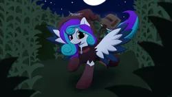 Size: 5000x2813 | Tagged: safe, artist:monycaalot, derpibooru import, oc, oc:cookie crumbler, unofficial characters only, pegasus, pony, commission, halloween, holiday, image, looking at you, moon, night, pegasus oc, png, wings