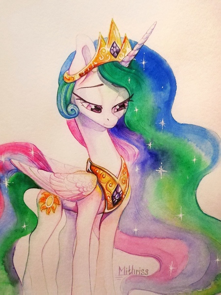 Size: 1728x2304 | Tagged: safe, artist:mithriss, derpibooru import, princess celestia, alicorn, pony, crown, ethereal mane, ethereal tail, female, folded wings, image, jewelry, jpeg, mare, regalia, solo, tail, traditional art, watercolor painting, wings