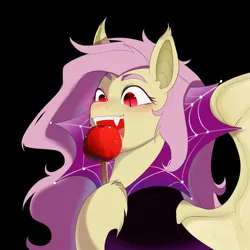 Size: 2048x2048 | Tagged: safe, artist:aztrial, derpibooru import, fluttershy, bat pony, pony, apple, bat ponified, black background, candy apple (food), cape, clothes, cute, eating, fangs, female, flutterbat, food, image, mare, open mouth, png, race swap, shyabates, shyabetes, simple background, solo, unshorn fetlocks