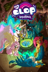 Size: 3814x5796 | Tagged: suggestive, artist:ladydino, derpibooru import, babs seed, fluttershy, gallus, princess celestia, queen chrysalis, zecora, fanfic, blushing, blushing profusely, cauldron, fanfic art, fanfic cover, image, jpeg, no clop november, older, older babs seed, potion, spread wings, wingboner, wings, zecora's hut