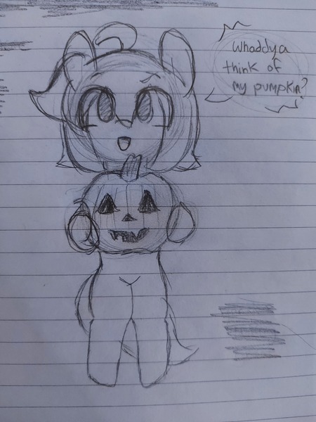 Size: 3468x4624 | Tagged: safe, artist:seylan, derpibooru import, oc, oc:cherro, unofficial characters only, pony, halloween, holiday, image, jack-o-lantern, jpeg, lined paper, pumpkin, solo, traditional art