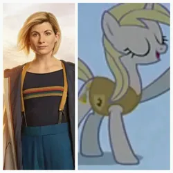 Size: 2880x2880 | Tagged: safe, derpibooru import, earth pony, pony, winter wrap up, background pony, comparison, doctor who, female, image, jpeg, mare, thirteenth doctor, winter wrap up vest