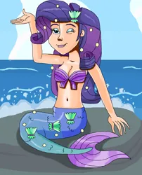 Size: 1122x1387 | Tagged: safe, artist:ocean lover, derpibooru import, rarity, human, mermaid, bare shoulders, beach, beautiful, beautiful eyes, beautisexy, belly, belly button, blue eyes, boulder, bra, breasts, cleavage, clothes, cloud, costume, darling, disney style, dress, elegant, eyeliner, fabulous, fins, fish tail, girly girl, halloween, halloween costume, holiday, human coloration, humanized, image, lips, looking at you, makeup, mermaid tail, mermaidized, mermarity, midriff, nightmare night costume, ocean, one eye closed, outdoors, png, pose, pretty, purple hair, rarity's mermaid dress, rock, seashell, seashell bra, sexy, shell, shiny skin, sitting, species swap, stupid sexy rarity, tail, tail fin, underwear, water, wink, winking at you