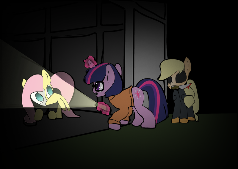 Size: 1772x1260 | Tagged: safe, derpibooru import, applejack, fluttershy, twilight sparkle, mlp fim's twelfth anniversary, clothes, cosplay, costume, darkness, halloween, holiday, image, michael myers, phantom of the opera, png, velma dinkley
