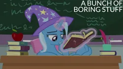 Size: 1920x1080 | Tagged: safe, derpibooru import, edit, edited screencap, editor:quoterific, screencap, trixie, a horse shoe-in, book, image, png, solo