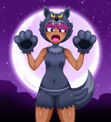 Size: 2000x2200 | Tagged: safe, artist:morestar, derpibooru import, scootaloo, human, werewolf, breasts, clothes, costume, fangs, halloween, halloween costume, holiday, humanized, image, looking at you, moderate dark skin, open mouth, paw gloves, png, scootawolf
