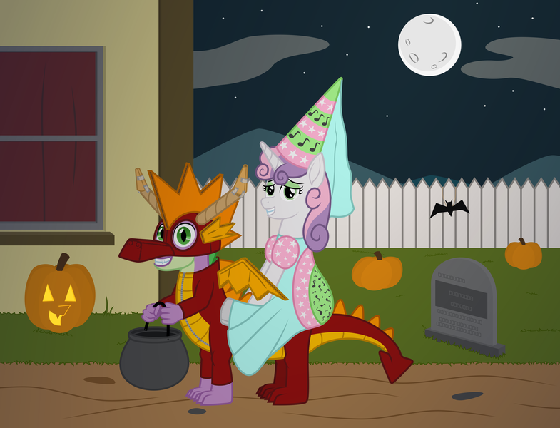 Size: 7077x5410 | Tagged: safe, artist:moonlight bloom, derpibooru import, spike, sweetie belle, dragon, pony, unicorn, mlp fim's twelfth anniversary, .svg available, absurd resolution, clothes, cloud, costume, decoration, dragon costume, dress, female, filly, foal, full moon, gravestone, halloween, hat, hennin, holiday, house, image, implied rarity, jack-o-lantern, lidded eyes, looking at you, male, moon, mountain, night, nightmare night, nightmare night costume, older, older spike, older sweetie belle, outdoors, png, ponies riding dragons, princess costume, pumpkin, quadsuit, riding, smiling, tape, teenage spike, teenage sweetie belle, teenager, vector, window