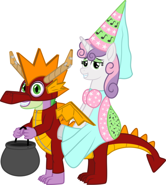 Size: 6625x7382 | Tagged: safe, artist:moonlight bloom, derpibooru import, spike, sweetie belle, dragon, pony, unicorn, .svg available, absurd resolution, clothes, costume, costume dragon, dress, female, filly, foal, hat, hennin, image, lidded eyes, looking at you, male, nightmare night, nightmare night costume, older, older spike, older sweetie belle, png, ponies riding dragons, princess costume, quadsuit, riding, simple background, smiling, tape, teenage spike, teenage sweetie belle, teenager, transparent background, vector