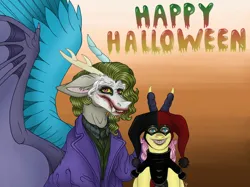 Size: 1034x772 | Tagged: safe, artist:frikiflash, derpibooru import, discord, fluttershy, antlers, clothes, costume, dc comics, discoshy, female, halloween, halloween costume, harley quinn, holiday, horn, image, joker, jokercord, jpeg, makeup, male, peace sign, shipping, spread wings, straight, wings
