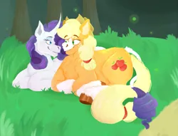 Size: 2147x1644 | Tagged: safe, artist:electricalpawz, derpibooru import, applejack, rarity, earth pony, pony, unicorn, cuddling, female, image, lesbian, looking at each other, looking at someone, lying down, mare, png, prone, rarijack, shipping, smiling, smiling at each other, unshorn fetlocks