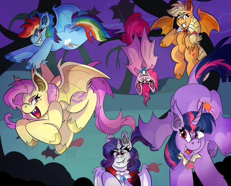 Size: 1752x1411 | Tagged: safe, artist:electricalpawz, derpibooru import, applejack, fluttershy, pinkie pie, rainbow dash, rarity, twilight sparkle, twilight sparkle (alicorn), alicorn, bat pony, bat pony alicorn, pony, applebat, bat ponified, bat wings, cape, clothes, fangs, female, flutterbat, halloween, holiday, horn, image, mane six, mare, pinkiebat, png, race swap, rainbowbat, raribat, twibat, wings