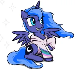 Size: 962x900 | Tagged: safe, artist:sallycars, derpibooru import, princess luna, alicorn, pony, clothes, cute, female, filly, filly luna, foal, hoodie, image, lunabetes, mare, ms paint, png, raised hoof, simple background, smiling, solo, spread wings, stars, white background, wings, younger