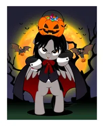 Size: 4112x5000 | Tagged: safe, artist:jhayarr23, derpibooru import, ponified, bat, pegasus, pony, undead, vampire, bipedal, candy, cape, clothes, commission, fangs, floppy ears, folded wings, food, gerard way, halloween, holiday, image, jack-o-lantern, looking at you, male, moon, my chemical romance, night, night sky, png, pumpkin, sky, solo, stallion, tree, wings, ych result