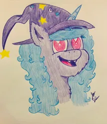 Size: 2974x3461 | Tagged: safe, artist:jesslmc16, derpibooru import, izzy moonbow, bat pony, unicorn, bust, chest fluff, clothes, colored, colored pencil drawing, costume, ear fluff, fangs, g5, halloween, halloween costume, hat, holiday, image, jpeg, looking at you, nightmare night, nightmare night costume, portrait, smiling, smiling at you, traditional art, witch, witch costume, witch hat