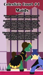 Size: 1600x2800 | Tagged: safe, artist:parallel black, derpibooru import, earth pony, pegasus, pony, series:celestia's court, series:celly sunday, canterlot castle, clothes, digital art, female, image, infographic, maid, maid headdress, mare, png, text, vase