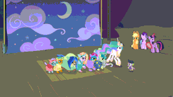 Size: 1920x1080 | Tagged: safe, derpibooru import, screencap, applejack, gallus, ocellus, princess celestia, sandbar, silverstream, smolder, spike, starlight glimmer, twilight sparkle, twilight sparkle (alicorn), yona, alicorn, changedling, changeling, classical hippogriff, dragon, earth pony, gryphon, hippogriff, pony, unicorn, yak, horse play, season 8, spoiler:s08, 1080p, animated, clothes, costume, dragoness, female, friendship student, gif, image, male, mare, oof, ouch, stallion, star swirl the bearded costume, student six, trapdoor