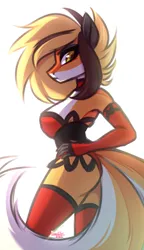 Size: 690x1200 | Tagged: suggestive, alternate version, artist:kannakiller, derpibooru import, oc, oc:rya fox, unofficial characters only, anthro, fox, fox pony, hybrid, :c, >:c, alternate character, ass, bodysuit, breasts, butt, cheeky panties, choker, clothes, collar, corset, digital art, double tail, eyelashes, female, frown, gift art, gloves, half body, image, light, looking at you, looking back, looking back at you, multiple tails, png, sexy, simple background, sketch, socks, solo, stockings, tail, thigh highs, white background
