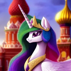 Size: 1024x1024 | Tagged: safe, derpibooru import, editor:dovakkins, machine learning generated, prompter:dovakkins, purplesmart.ai, stable diffusion, princess celestia, alicorn, pony, beautiful, bust, cathedral, cute, female, image, jewelry, mare, moscow, png, portrait, regalia, smiling