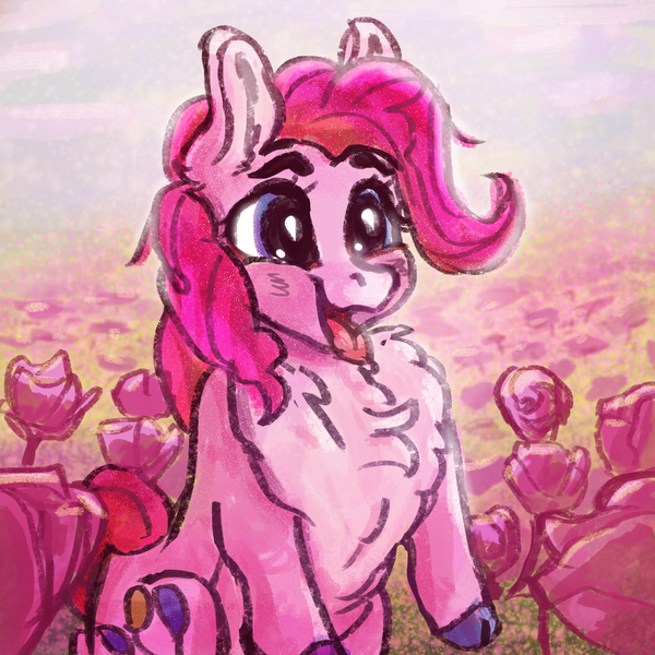 Size: 2000x2000 | Tagged: safe, artist:br0via, derpibooru import, pinkie pie, earth pony, pony, chest fluff, cute, diapinkes, female, flower, flower field, image, mare, open mouth, png, solo, tongue out