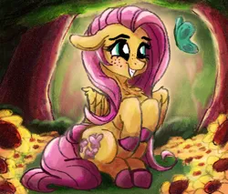 Size: 2000x1700 | Tagged: safe, artist:br0via, derpibooru import, fluttershy, butterfly, insect, pegasus, pony, colored hooves, cute, female, floppy ears, flower, forest, freckles, freckleshy, grin, image, mare, png, shyabetes, sitting, sitting up, smiling, solo, sunflower, tree