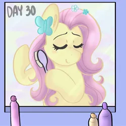 Size: 1080x1080 | Tagged: safe, artist:flutterpawss, derpibooru import, fluttershy, pegasus, pony, brush, brushing, bust, eyelashes, eyes closed, female, hairbrush, image, inktober 2022, jpeg, mare, reflection, solo