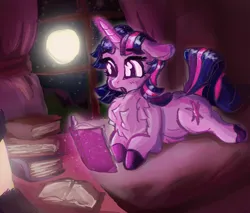 Size: 2350x2000 | Tagged: safe, artist:br0via, derpibooru import, twilight sparkle, pony, unicorn, book, bookhorse, chest fluff, cute, female, floppy ears, full moon, image, lying down, mare, moon, night, png, prone, reading, solo, sploot, twiabetes