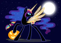 Size: 4000x2800 | Tagged: safe, derpibooru import, nightmare moon, sunny starscout, alicorn, pony, mlp fim's twelfth anniversary, braid, clothes, cosplay, costume, ethereal mane, ethereal tail, fake cutie mark, female, full moon, g5, halloween, holiday, image, jack-o-lantern, mare, moon, multicolored hair, nightmare moon armor, nightmare night, nightmare night costume, nightmare sunny, png, pumpkin, rainbow hair, slit pupils, solo, solo female, spread wings, starry night, starry sky, stars, tail, wings