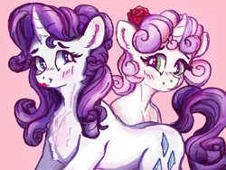 Size: 3200x2400 | Tagged: safe, artist:br0via, derpibooru import, rarity, sweetie belle, pony, unicorn, blushing, chest freckles, cute, diasweetes, duo, female, filly, flower, flower in hair, foal, freckles, image, lipstick, looking at each other, looking at someone, mare, pink background, png, raribetes, rose, siblings, simple background, sisters, smiling, smiling at each other