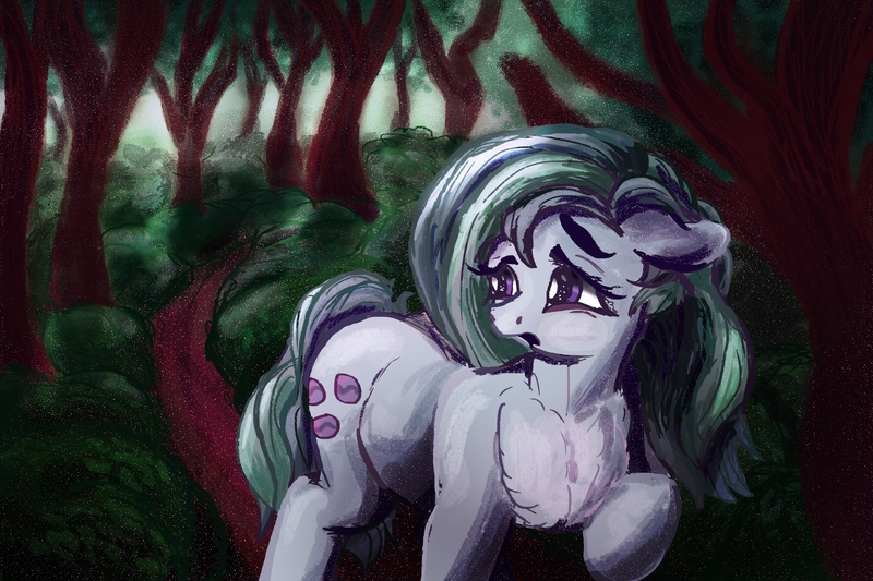 Size: 3000x2000 | Tagged: safe, artist:br0via, derpibooru import, marble pie, earth pony, pony, chest fluff, cute, forest, frown, image, looking back, marblebetes, open mouth, png, solo, tree