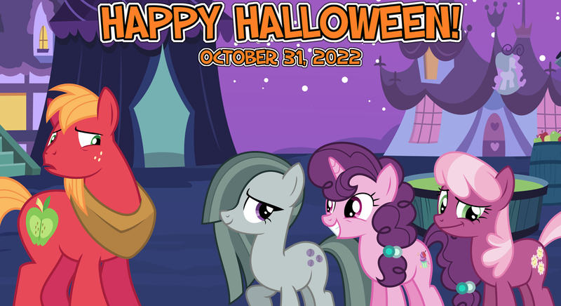 Size: 2064x1125 | Tagged: safe, artist:csillaghullo, artist:not-yet-a-brony, derpibooru import, big macintosh, cheerilee, marble pie, sugar belle, earth pony, pony, unicorn, 2022, female, friends, friendship, halloween, holiday, husband and wife, image, lyrics in the description, male, mare, nightmare night, october, png, ponyville, shipping, stallion, straight, sugarmac, this will end in laughs, this will not end well, uh oh, youtube link in the description