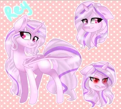 Size: 2800x2533 | Tagged: safe, artist:thecreativerey, derpibooru import, oc, unofficial characters only, alicorn, bat pony, bat pony alicorn, pony, alicorn oc, angry, bat wings, bust, female, horn, image, mare, png, polka dot background, reference sheet, smiling, wings