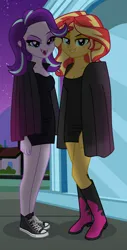 Size: 6000x11852 | Tagged: safe, artist:emeraldblast63, derpibooru import, starlight glimmer, sunset shimmer, undead, vampire, equestria girls, bedroom eyes, boots, clothes, coat, converse, dress, duo, eyeshadow, fangs, female, grin, high heel boots, image, makeup, night, png, shoes, smiling