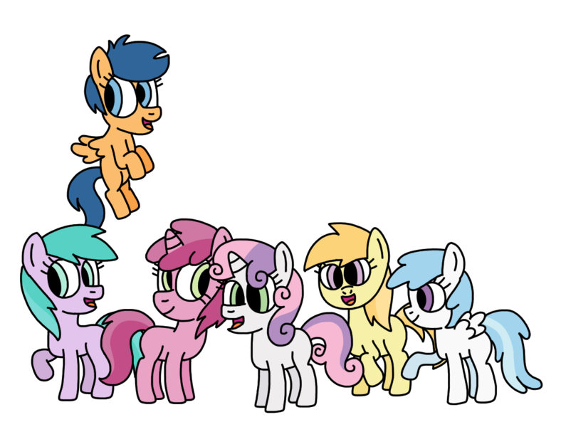 Size: 1189x897 | Tagged: safe, artist:northstarponyg1, derpibooru import, aura (character), cotton cloudy, first base, noi, ruby pinch, sweetie belle, earth pony, pegasus, pony, unicorn, adorabase, alternate mane six, aurabetes, best friends, colored, cottonbetes, cute, diasweetes, female, filly, first base can fly, flapping, flying, foal, friends, g4, hooves, hooves up, image, noiabetes, open mouth, open smile, pegasus first base, pinchybetes, png, race swap, raised hoof, raised leg, simple background, smiling, transparent background