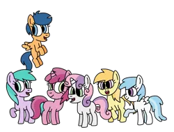 Size: 1189x897 | Tagged: safe, artist:northstarponyg1, derpibooru import, aura (character), cotton cloudy, first base, noi, ruby pinch, sweetie belle, earth pony, pegasus, pony, unicorn, adorabase, alternate mane six, aurabetes, best friends, colored, cottonbetes, cute, diasweetes, female, filly, first base can fly, flapping, flying, foal, friends, g4, hooves, hooves up, image, noiabetes, open mouth, open smile, pegasus first base, pinchybetes, png, race swap, raised hoof, raised leg, simple background, smiling, transparent background