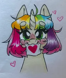 Size: 1744x2048 | Tagged: safe, artist:madkadd, derpibooru import, oc, pony, unicorn, blushing, bust, eyelashes, female, heart, horn, image, jpeg, mare, mouth hold, solo, traditional art, unicorn oc