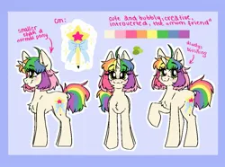 Size: 1009x750 | Tagged: safe, artist:madkadd, derpibooru import, oc, unofficial characters only, pony, unicorn, chest fluff, eyelashes, female, image, jpeg, mare, multicolored hair, rainbow hair, raised hoof, reference sheet, smiling