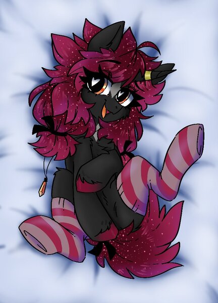 Size: 720x1000 | Tagged: safe, artist:madkadd, derpibooru import, oc, unofficial characters only, pony, unicorn, body pillow, body pillow design, clothes, female, horn, horn ring, image, jewelry, jpeg, mare, ring, smiling, socks, solo, striped socks, unicorn oc, unshorn fetlocks