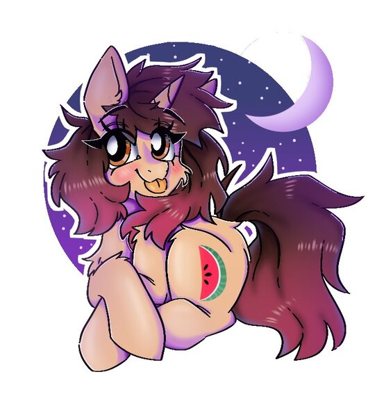 Size: 750x814 | Tagged: safe, artist:madkadd, derpibooru import, oc, unofficial characters only, pony, unicorn, :p, chest fluff, crescent moon, eyelashes, female, horn, image, jpeg, lying down, mare, moon, night, prone, solo, stars, tongue out, transparent moon, unicorn oc