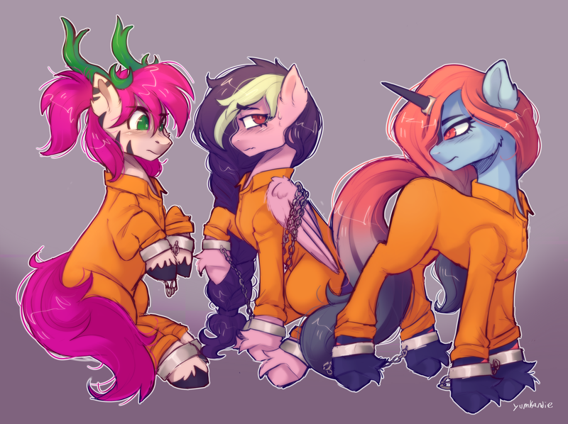 Size: 4425x3307 | Tagged: safe, artist:yumkandie, derpibooru import, oc, oc:crimson skies, oc:galactic lights, oc:zero, antlers, bound wings, chained, clothes, colored hooves, commissioner:rainbowdash69, cuffed, cuffs, frustrated, image, never doubt rainbowdash69's involvement, png, prison outfit, prisoner, sad, shackles, unshorn fetlocks, wings
