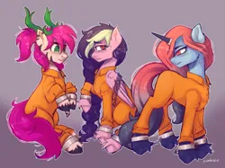 Size: 4425x3307 | Tagged: safe, artist:yumkandie, derpibooru import, oc, oc:crimson skies, oc:galactic lights, oc:zero, antlers, bound wings, chained, clothes, colored hooves, commissioner:rainbowdash69, cuffed, cuffs, frustrated, image, never doubt rainbowdash69's involvement, png, prison outfit, prisoner, sad, shackles, unshorn fetlocks, wings