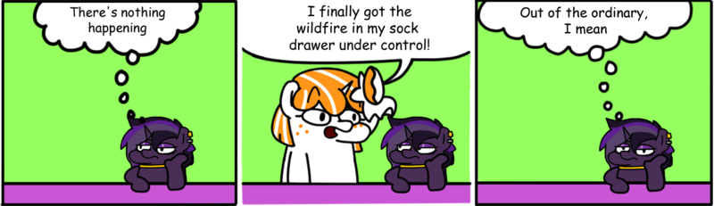 Size: 1327x383 | Tagged: safe, artist:fluttershank, derpibooru import, oc, oc:orange sherbet, oc:purple haze, unicorn, 3 panel comic, comic, copypasta, counter, dialogue, garfield, image, meme, png, r/alzheimersgroup, speech bubble, thought bubble