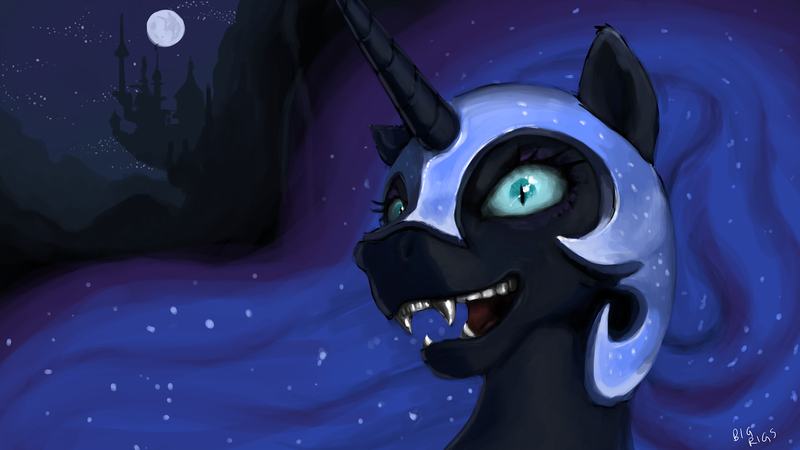 Size: 4305x2421 | Tagged: safe, artist:bigrigs, edit, nightmare moon, alicorn, pony, canterlot, chromatic aberration removal, crazy eyes, fangs, female, image, looking at you, mare, moon, png, snarling, solo, widescreen