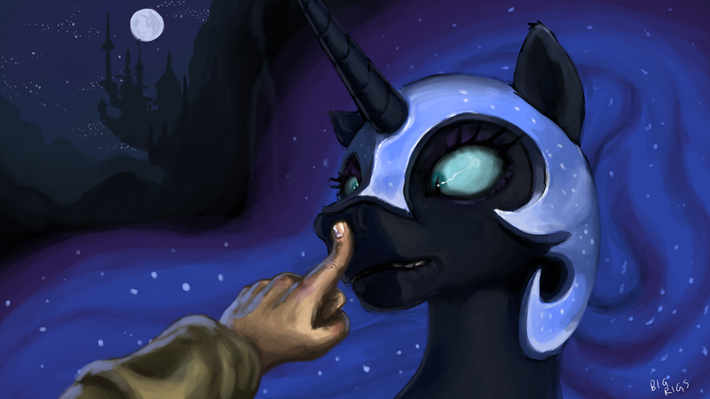 Size: 4305x2423 | Tagged: safe, alternate version, artist:bigrigs, edit, nightmare moon, human, boop, canterlot, chromatic aberration removal, first person view, high velocity booping action, horse nostril, image, imminent death, moon, offscreen character, png, pov, wallpaper, widescreen