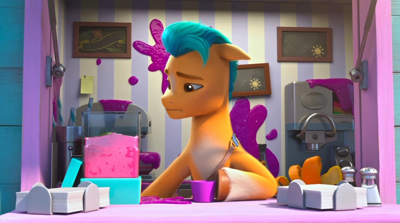 Size: 1812x1012 | Tagged: safe, derpibooru import, screencap, hitch trailblazer, my little pony: make your mark, my little pony: make your mark chapter 2, spoiler:g5, spoiler:my little pony: make your mark chapter 2, 3d, blender, cart, chalkboard, counter, cup, food, fruit, g5, image, jpeg, juice, mess, napkin, pepper, sad, salt, smoothie, solo, stain, the cutie mark mix-up