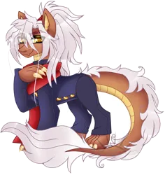 Size: 4195x4447 | Tagged: safe, artist:nekomellow, derpibooru import, oc, oc:polistar, unofficial characters only, dracony, dragon, hybrid, absurd resolution, claws, clothes, eye clipping through hair, eyebrows, eyebrows visible through hair, image, looking at you, male, png, red scarf, signature, simple background, smiling, smiling at you, solo, transparent background, uniform, university, whiskers, yellow eyes