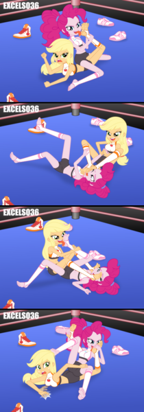 Size: 935x2671 | Tagged: safe, artist:excelso36, derpibooru import, applejack, pinkie pie, human, equestria girls, applepie, barefoot, breasts, clothes, concerned, feet, female, fetish, foot fetish, foot on face, foot on head, foot worship, gym shorts, image, lesbian, licking, licking foot, mutual foot worship, png, reference, shipping, shorts, simple background, socks, spongebob reference, spongebob squarepants, sports, sports shorts, the fry cook games, tongue out, wrestling