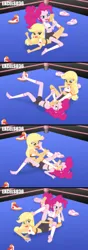 Size: 935x2671 | Tagged: safe, artist:excelso36, derpibooru import, applejack, pinkie pie, human, equestria girls, barefoot, breasts, clothes, concerned, feet, female, fetish, foot fetish, foot on face, foot on head, foot worship, gym shorts, image, licking, licking foot, mutual foot worship, png, reference, shipping, shorts, simple background, socks, spongebob reference, spongebob squarepants, sports, sports shorts, the fry cook games, tongue out, wrestling