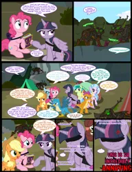 Size: 1042x1358 | Tagged: safe, artist:dendoctor, derpibooru import, applejack, gallus, mean twilight sparkle, ocellus, pinkie pie, sandbar, silverstream, smolder, twilight sparkle, twilight sparkle (alicorn), yona, alicorn, changedling, changeling, classical hippogriff, dragon, earth pony, gryphon, hippogriff, pony, timber wolf, yak, comic:clone.., alternate universe, bag, clone, comic, everfree forest, female, friendship journal, g4, image, jpeg, mare, pinkie clone, saddle bag, student six, tent